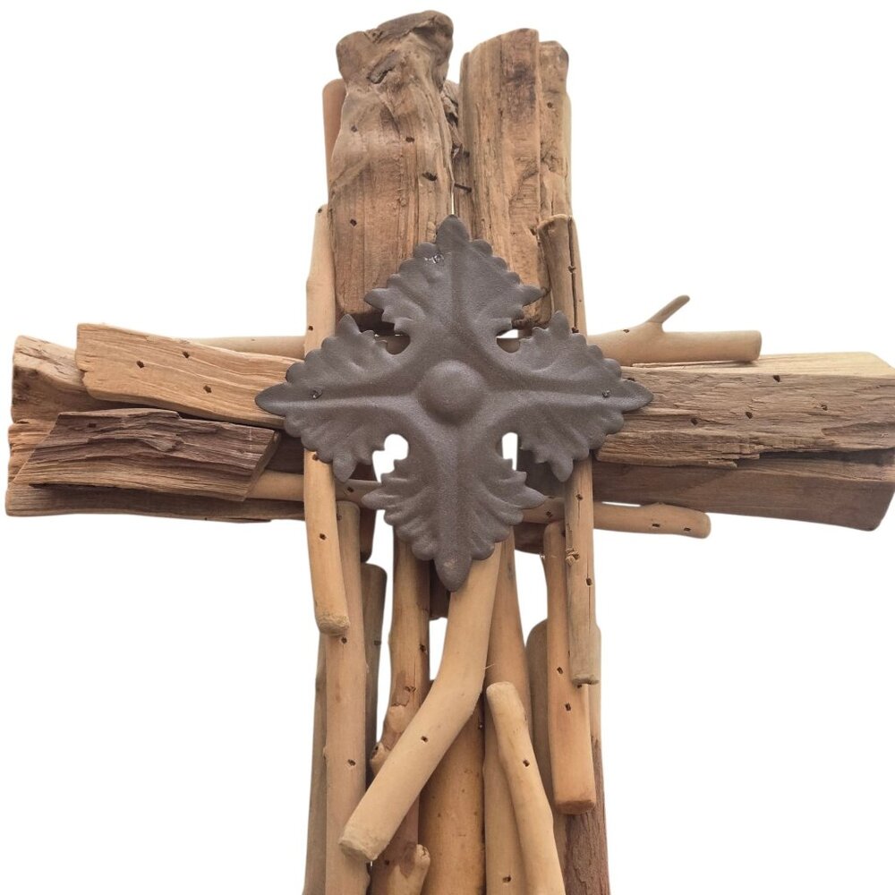 Rustic Driftwood Cross Wall Decor Metal Accent 17 Inch - Picture 4 of 14